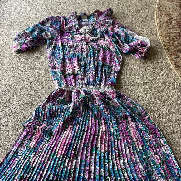 Vintage Diane Freis Georgette Dress | OSFM | 80s Boho Chic Beaded Pleated Polka - Picture 1 of 16